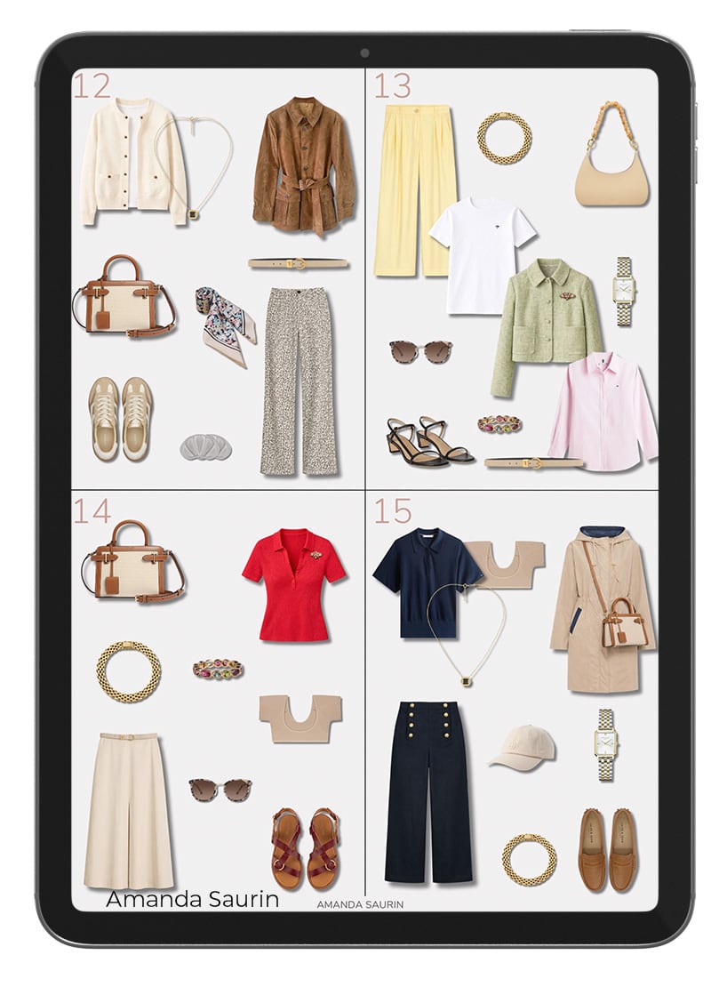 Quatre tenues de la garde-robe capsule printemps 2026 affichées sur tablette